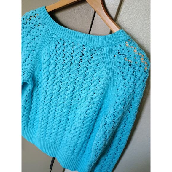 Talbots Open Stitch V-Neck Pullover 100% cotton deep sea blue coastal Mermaid - Picture 9 of 15